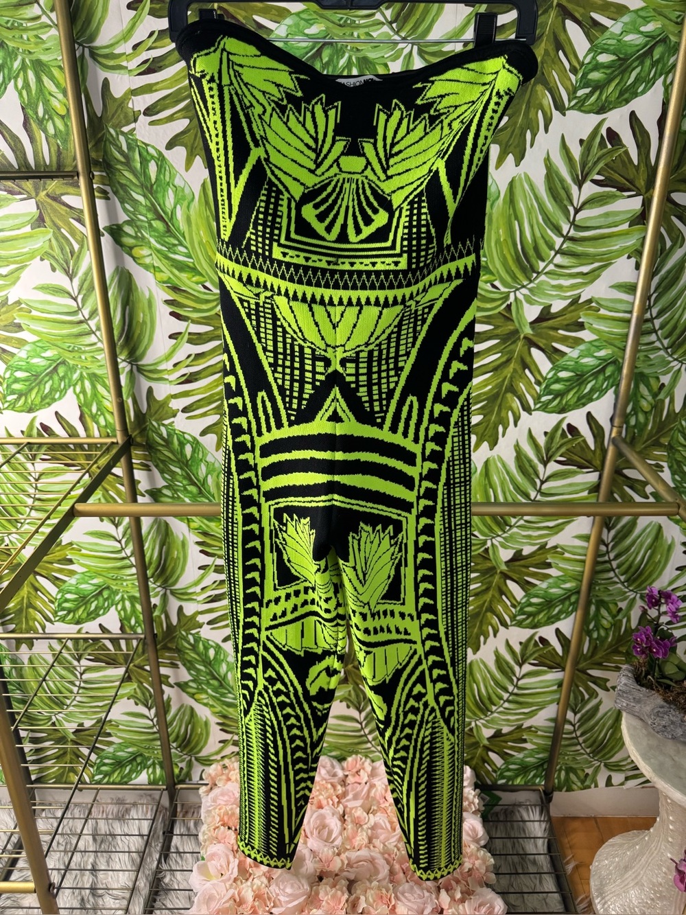 Neon Green & Black Geometric Knit Jumpsuit